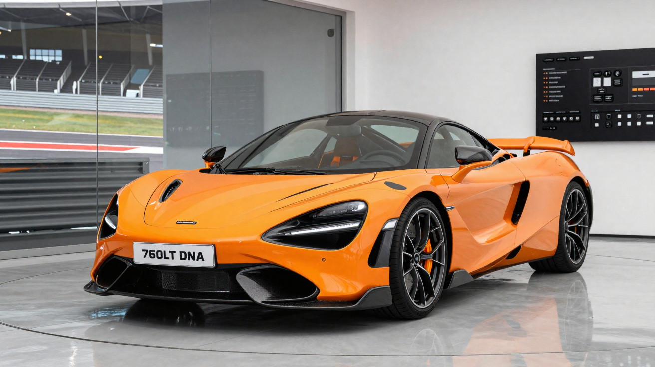 Carro desportivo McLaren 760LT laranja exibido em exposição interior moderna.