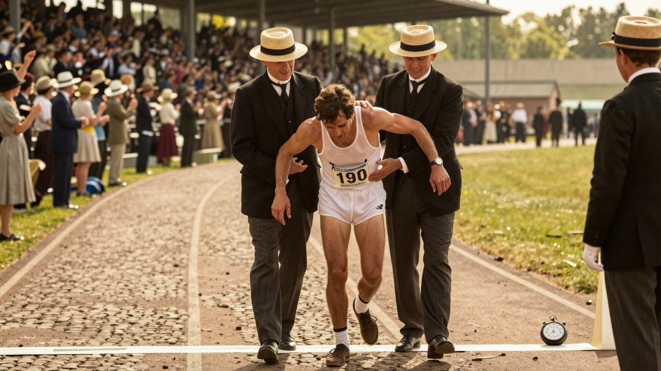Atleta exausto com fato branco é apoiado por dois homens de fato preto e chapéu numa pista de corrida.