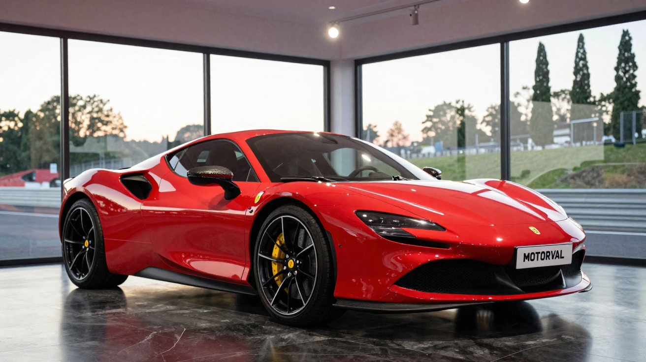 Carro desportivo Ferrari vermelho brilhante com jantes pretas e travões amarelos, exposto em salão moderno com grandes janela