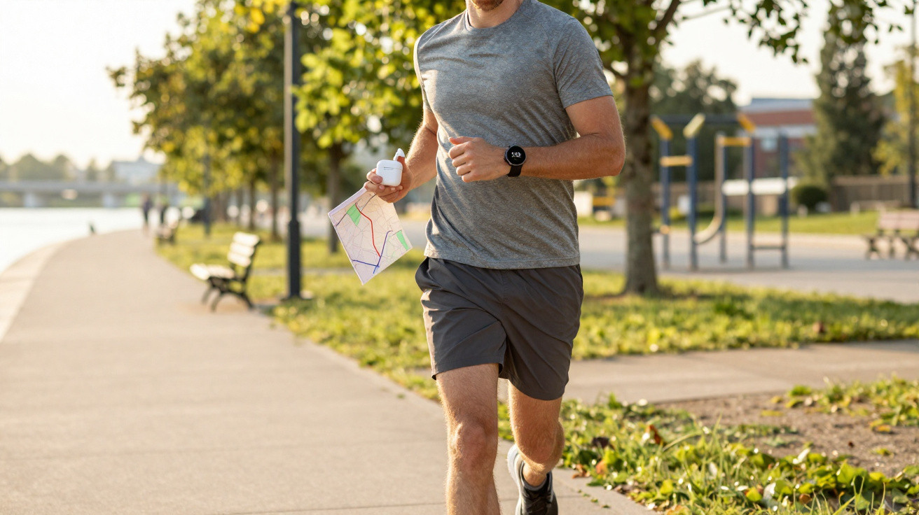 Homem a correr ao ar livre segurando mapa, vestindo roupa desportiva cinza, num percurso junto a um parque.