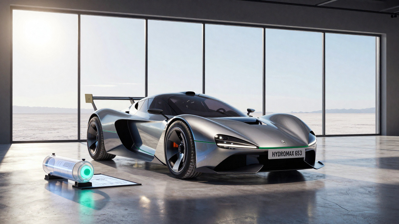 Carro desportivo futurista prateado com aerofólio, estacionado em garagem minimalista com janelas grandes.