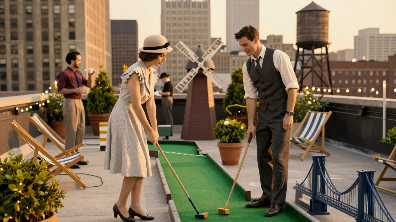 Duas pessoas vestidas à moda antiga jogam croquet num telhado urbano decorado com miniaturas.