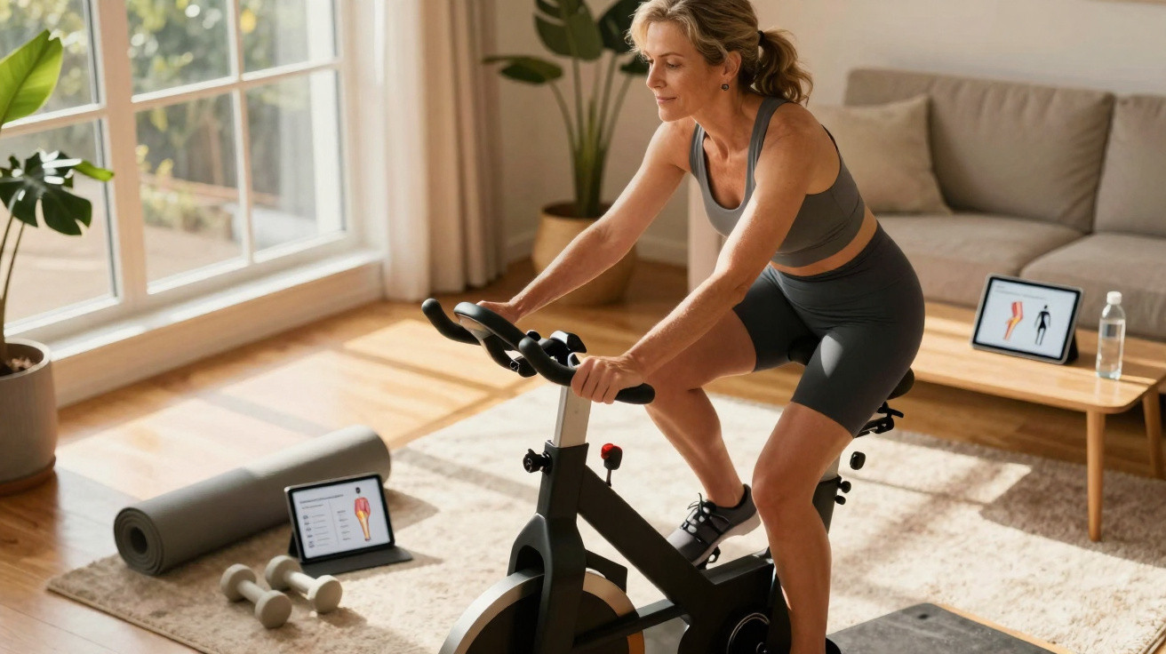Mulher a pedalar bicicleta estática em sala de estar, com tablet e material de exercício ao lado.