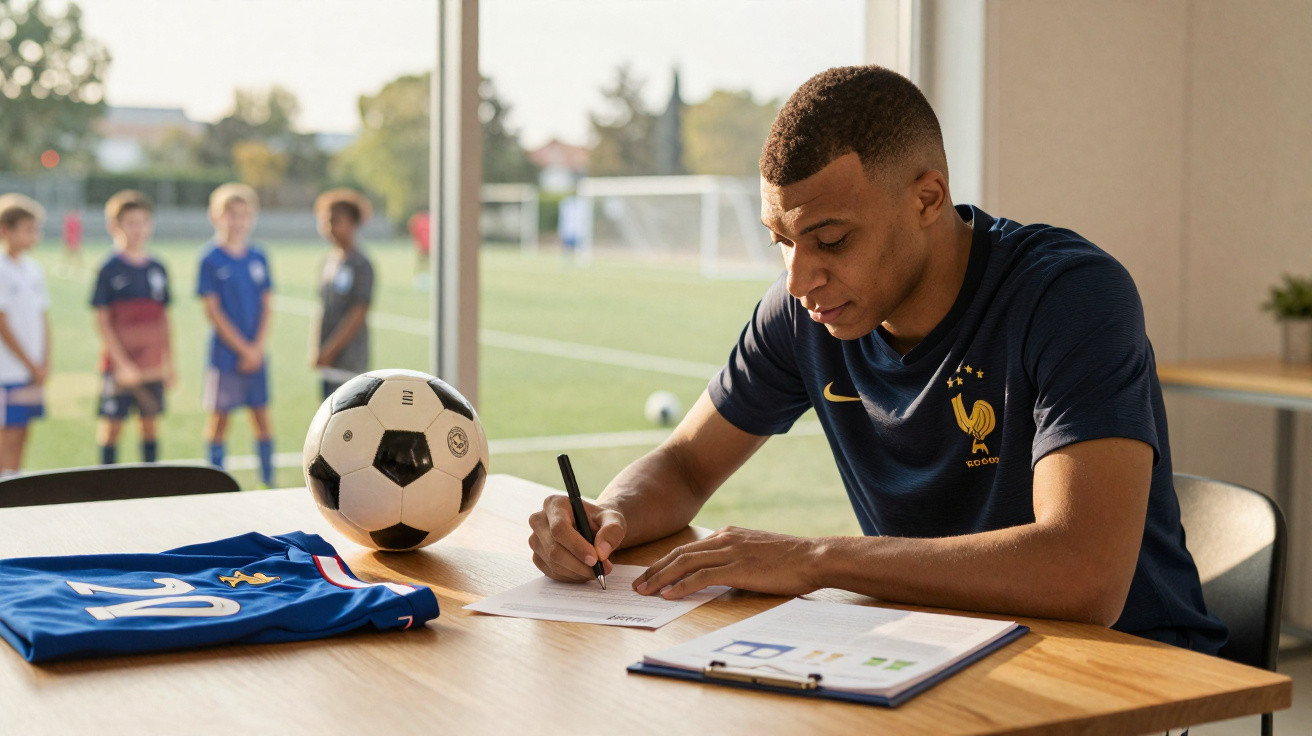 Jogador de futebol assinando contrato, com bola e camisola ao lado, crianças ao fundo num campo de futebol.