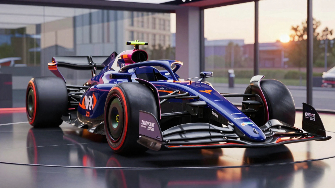 Carro de Fórmula 1 azul com detalhes roxos exposto num espaço moderno com iluminação natural.