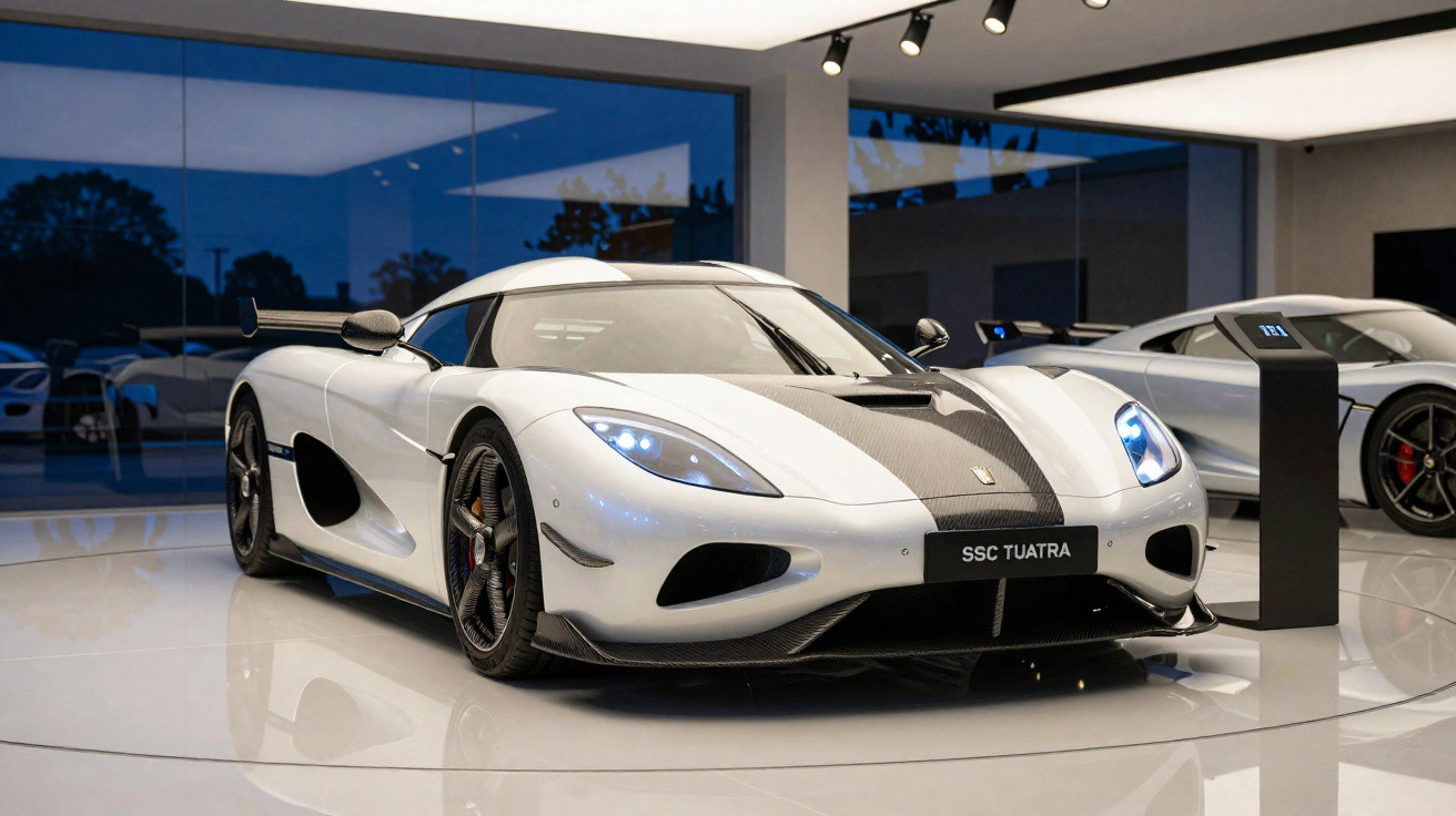 Carro desportivo branco SSC Tuatara com faixa preta exposto em sala moderna com iluminação interior.