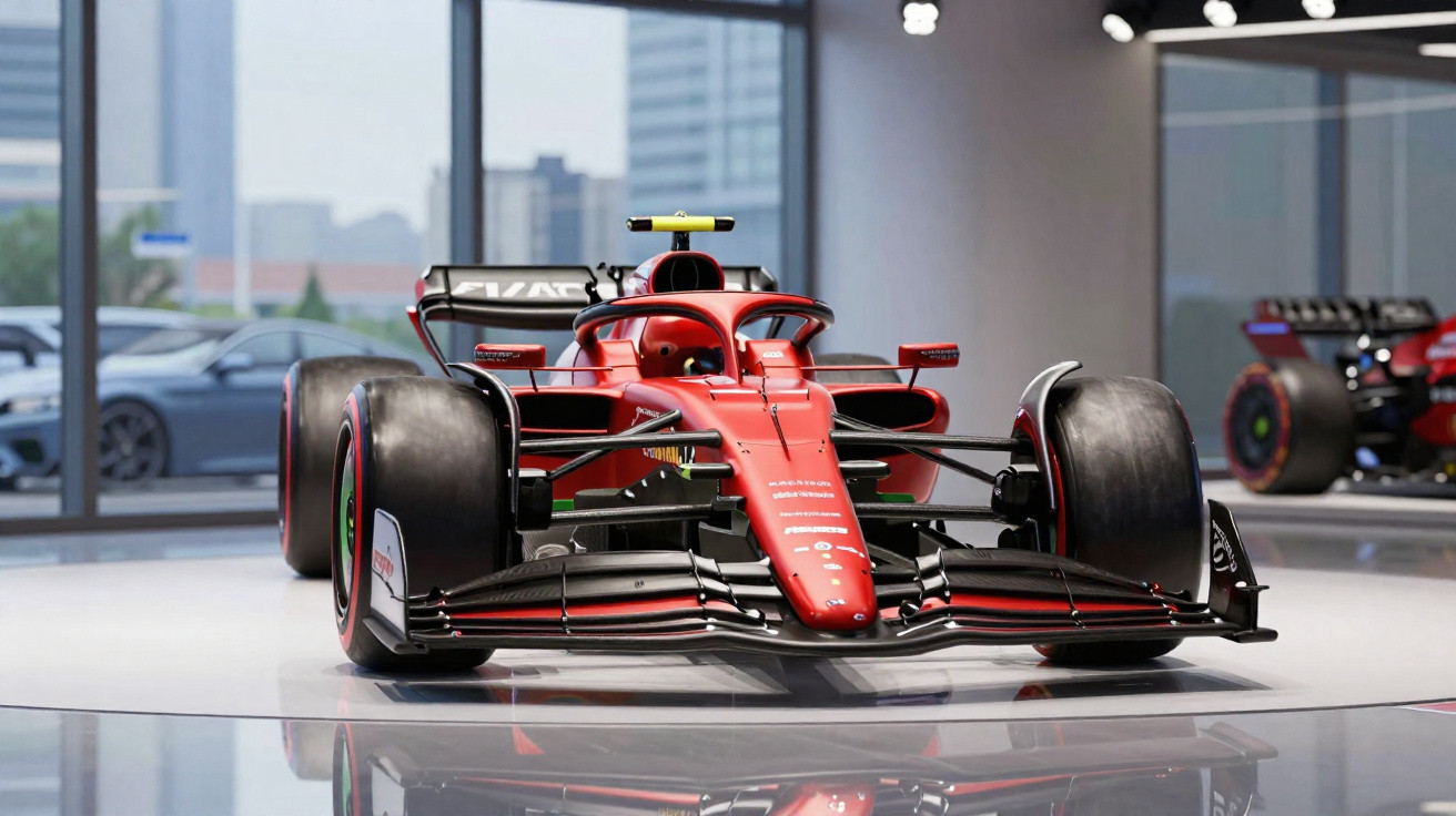 Carro de Fórmula 1 vermelho em exposição numa sala moderna com janelas grandes.