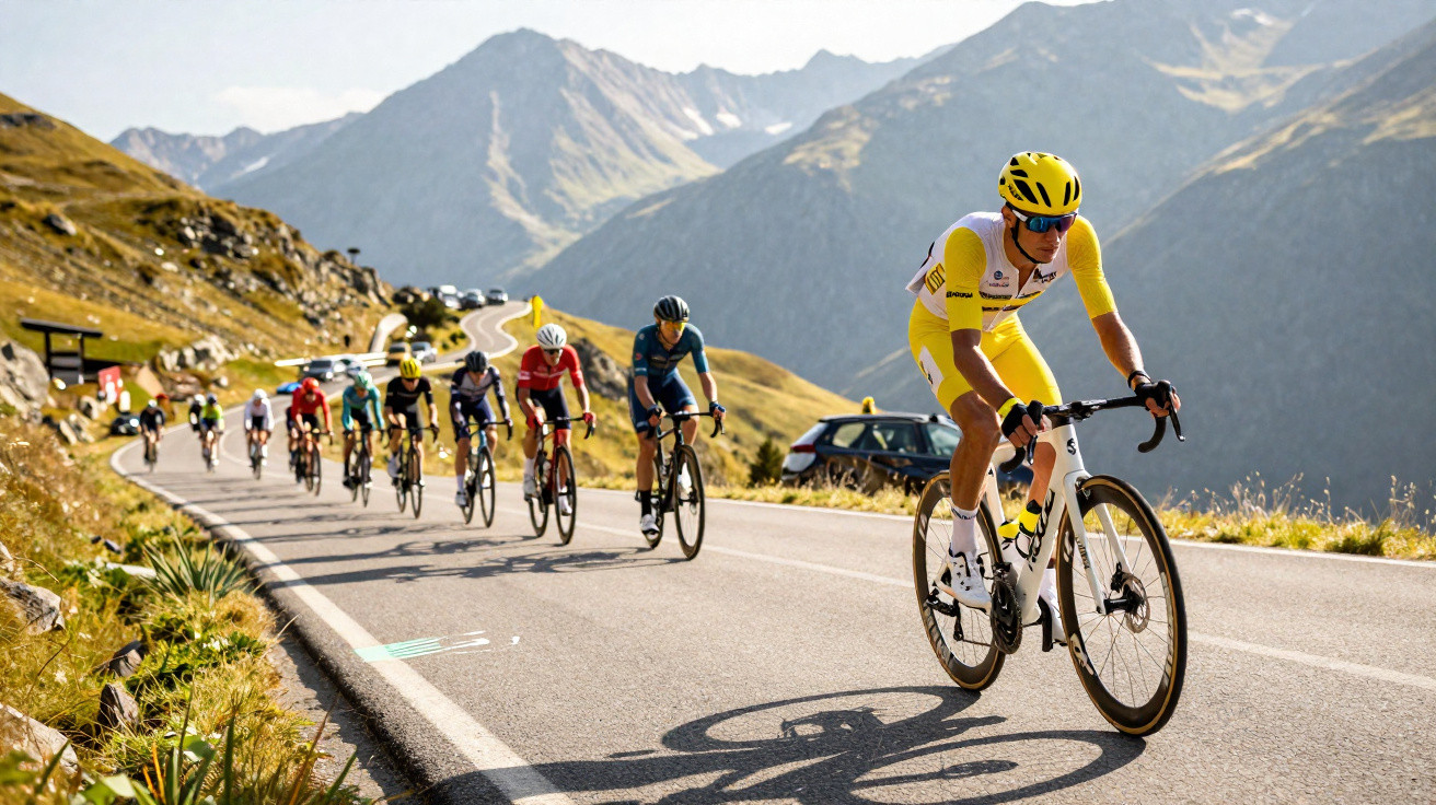 Grupo de ciclistas a subir estrada de montanha numa corrida, com paisagem de montanhas ao fundo.