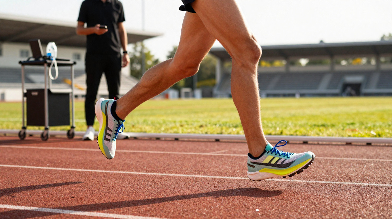 Pernas de corredor a meio de uma passada numa pista de atletismo com treinador ao fundo.