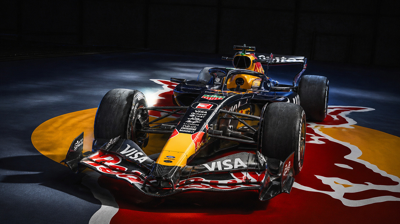 Carro de Fórmula 1 da Red Bull com pintura preta, vermelha e amarela em fundo escuro com logo Red Bull no chão.