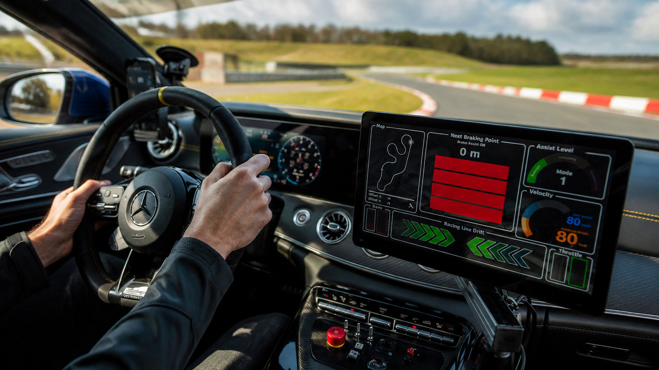 Interior de um carro Mercedes a ser conduzido numa pista de corrida, com destaque no volante e ecrã digital.