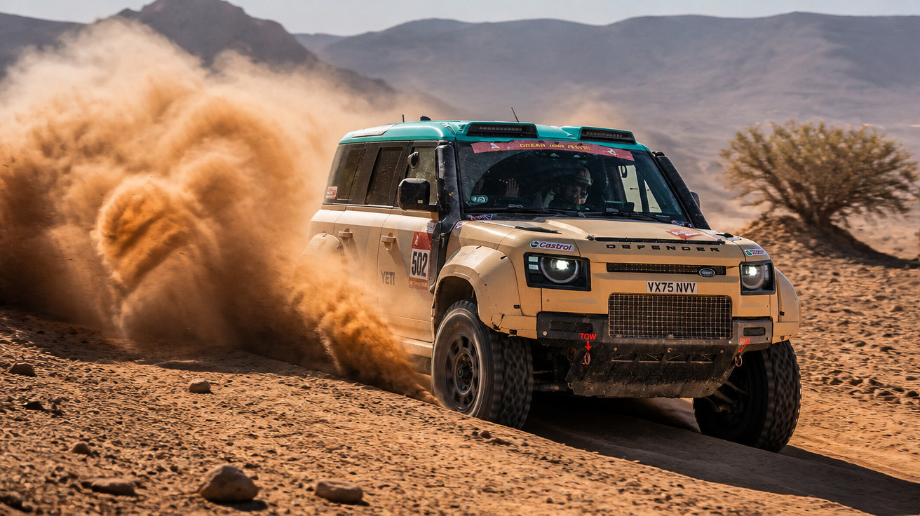 Carro 4x4 a fazer rally no deserto, levantando uma nuvem de pó e areia.