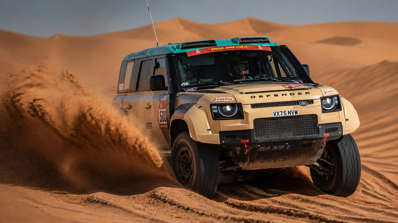 Carro de rali Land Rover Defender a acelerar na areia do deserto, levantando poeira.
