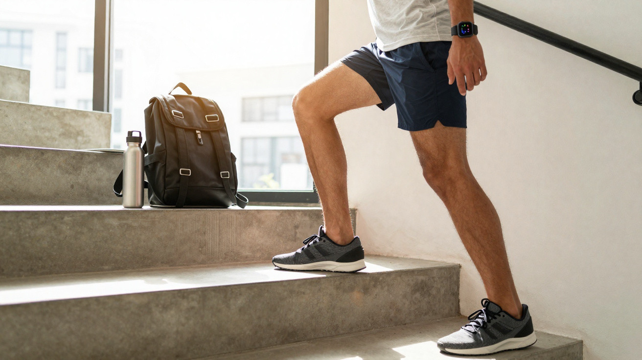 Pessoa a subir escadas interiores, com mochila e garrafa de água numa das degraus ao lado.