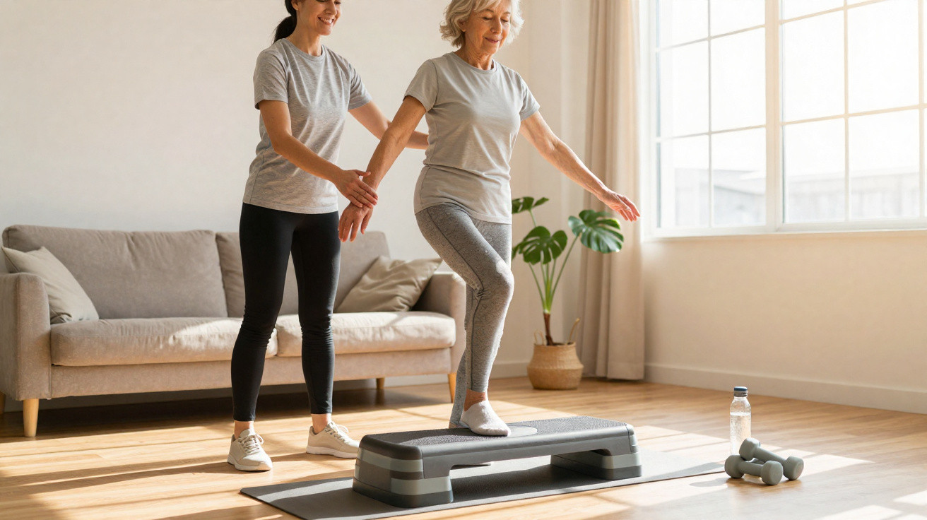 Mulher idosa faz exercício de step com instrutora a apoiá-la numa sala com muita luz natural.