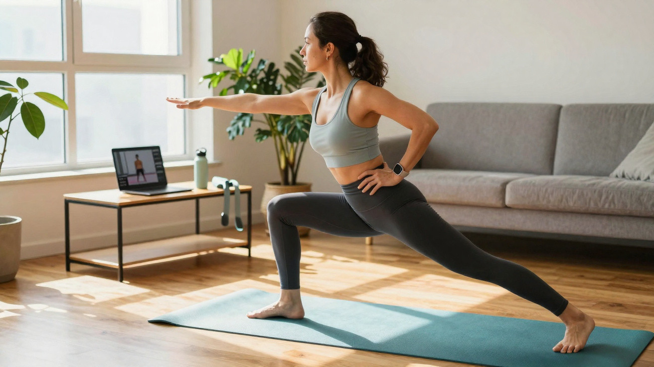 Mulher a fazer yoga em casa com o auxílio de videoaula no computador portátil junto à janela.
