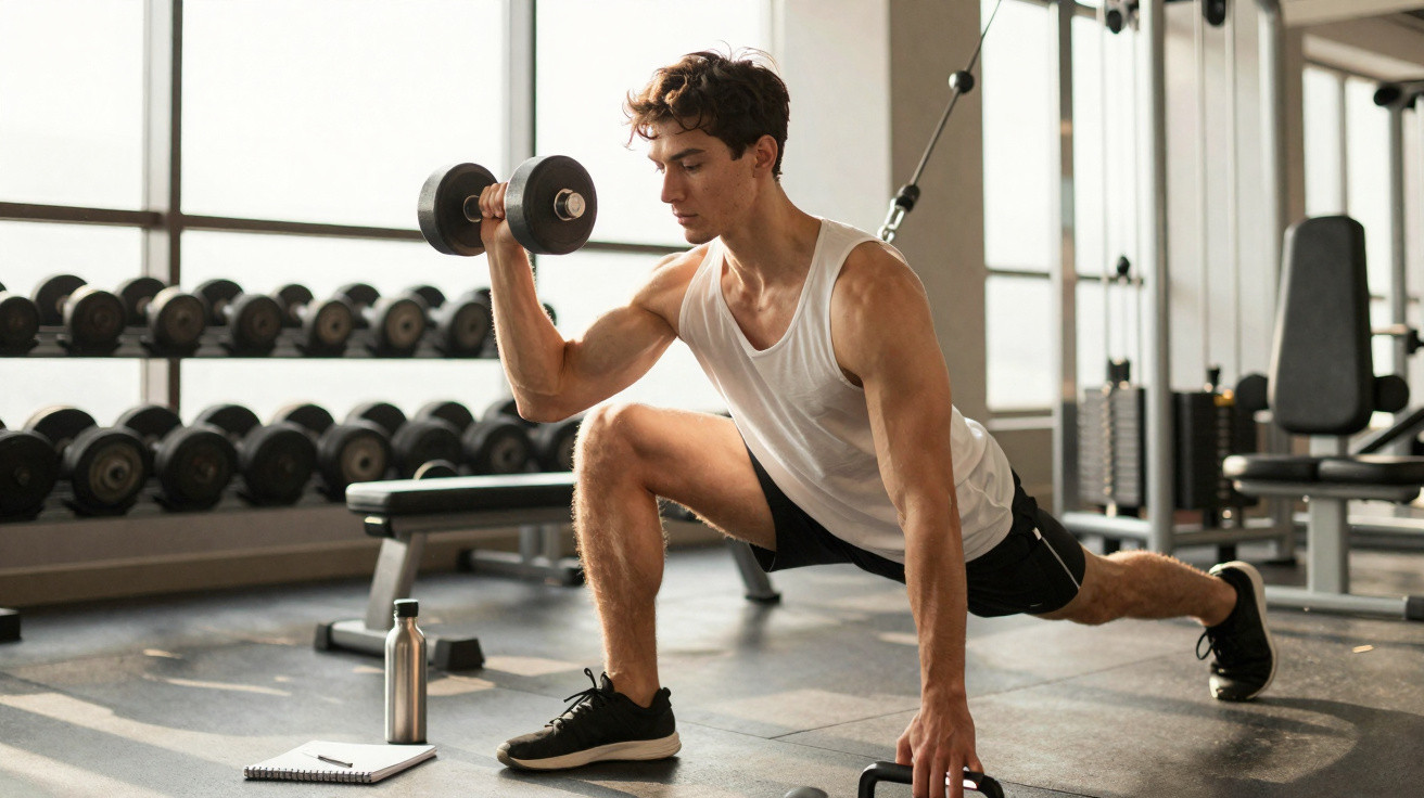 Homem a fazer exercício com haltere numa posição de alongamento numa academia com equipamento ao fundo.