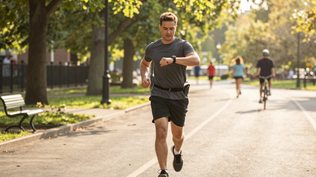 Homem a correr num parque ao ar livre durante o dia, consultando um relógio no pulso.