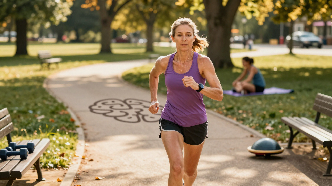 Mulher a correr num parque com roupa desportiva roxa e preta, com árvores e bancos ao fundo.