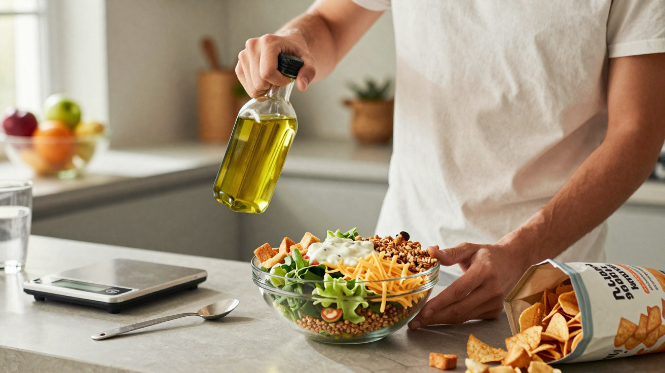 Pessoa a temperar salada com azeite numa cozinha moderna, com aperitivos e balança na bancada.