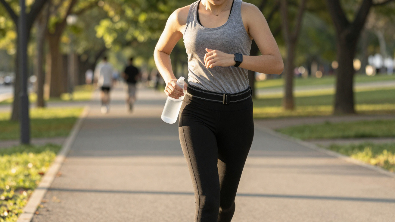 Mulher a correr num parque com garrafa de água, vestindo roupa desportiva cinzenta e preta.