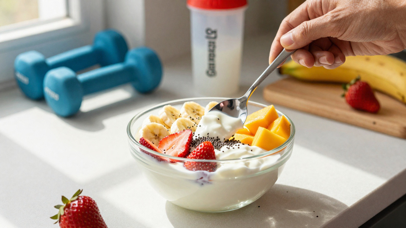 Tigela com iogurte, morangos, banana e manga, colher, halteres azuis e batido desportivo numa bancada iluminada.