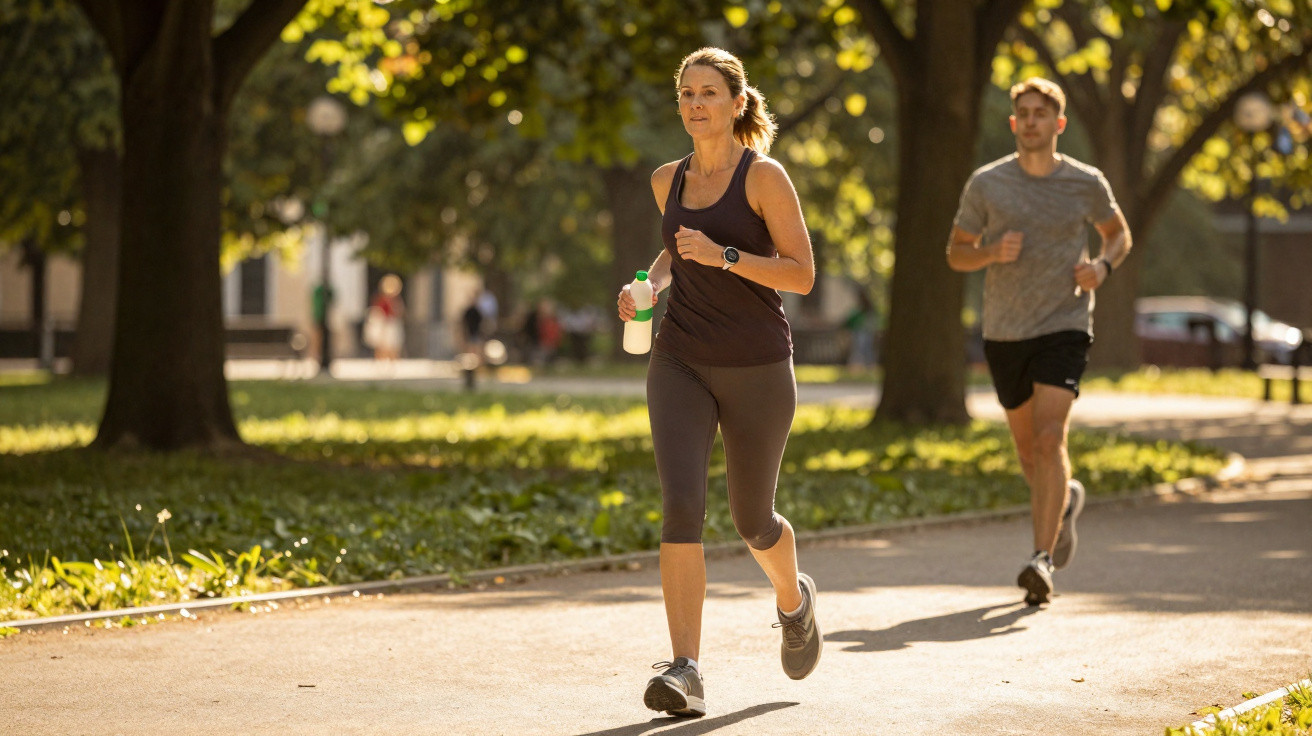 Mulher e homem a correr num parque ensolarado com árvores ao fundo.