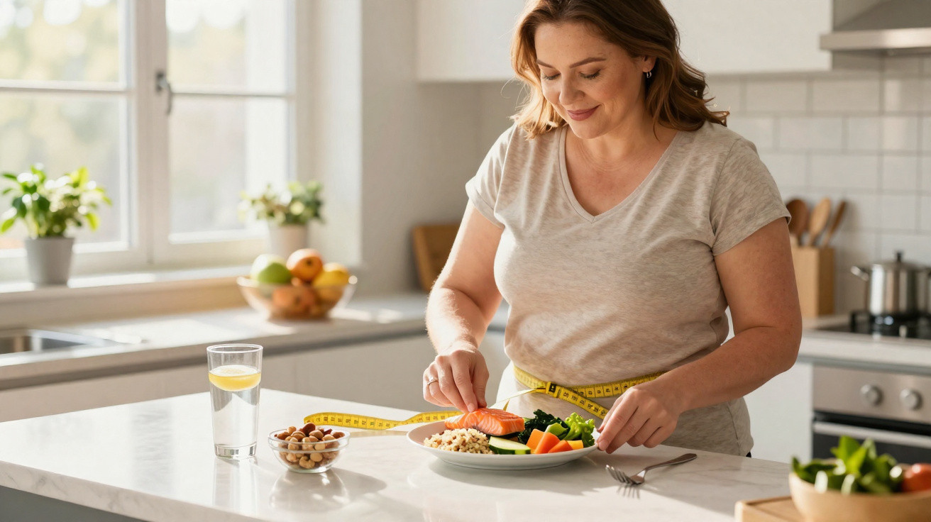 Mulher com fita métrica à cintura prepara refeição saudável na cozinha luminosa e moderna.