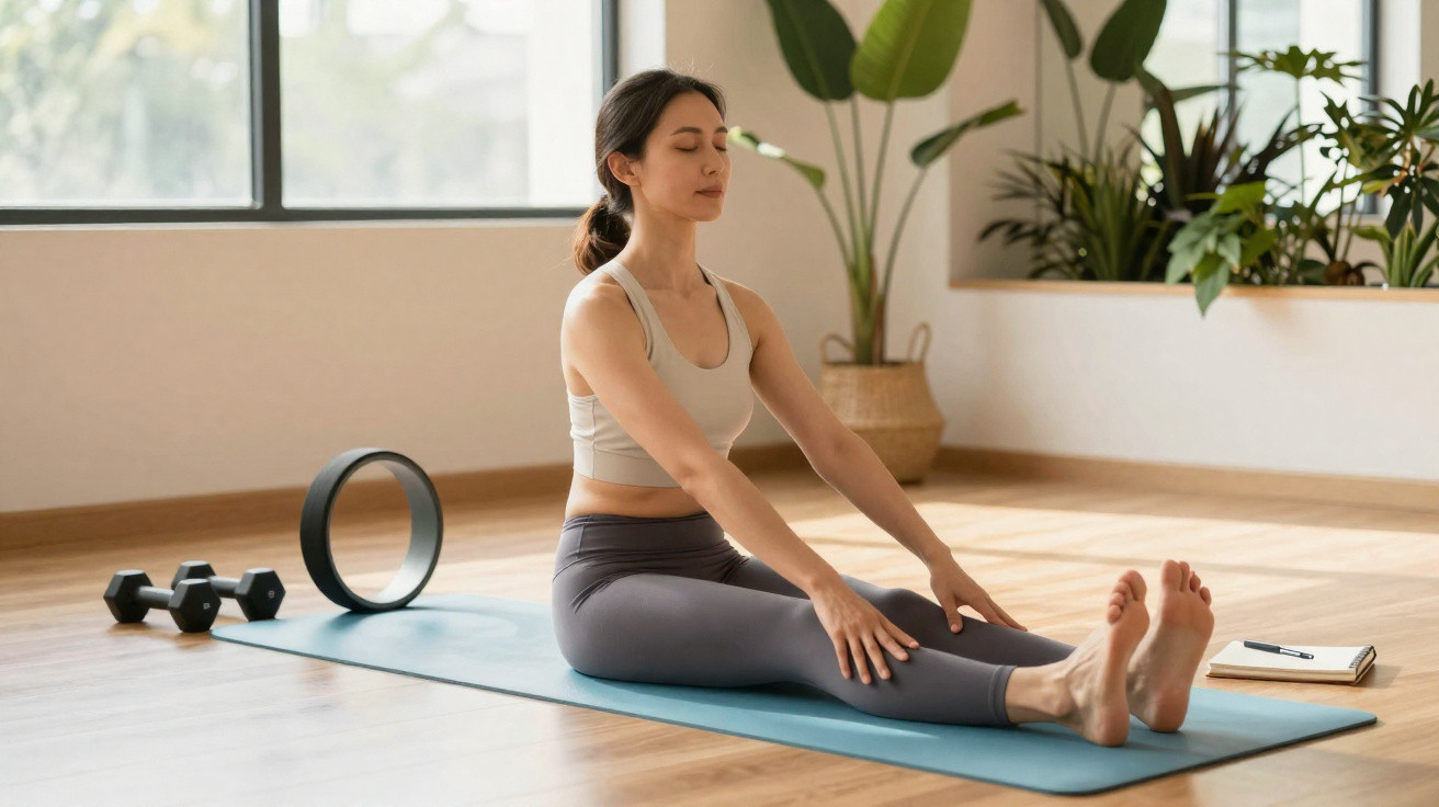 Mulher realiza alongamento sentada no tapete de yoga, num espaço iluminado com plantas e pesos ao lado.