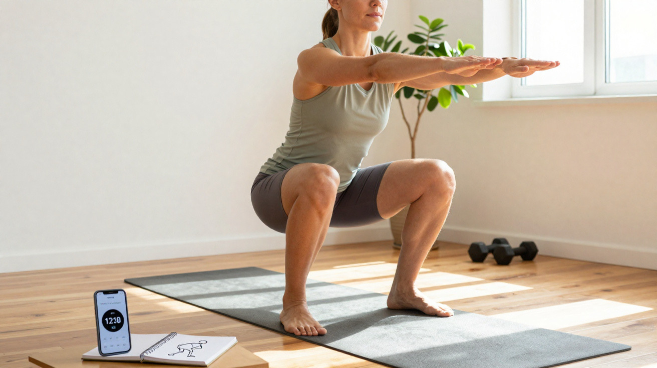 Mulher a fazer agachamento num tapete de yoga numa sala iluminada com planta e pesos ao fundo.