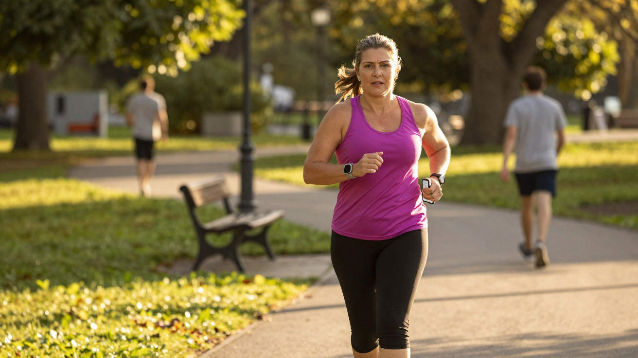 Mulher a correr num parque ensolarado, vestindo camisola rosa e leggins pretos, com outras pessoas ao fundo.