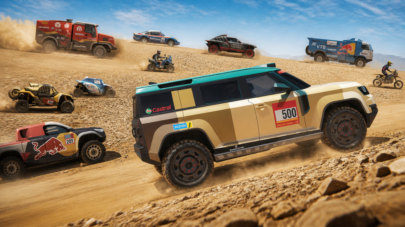 Carros e motos em corrida de rali off-road em terreno árido e poeirento com céu azul ao fundo.