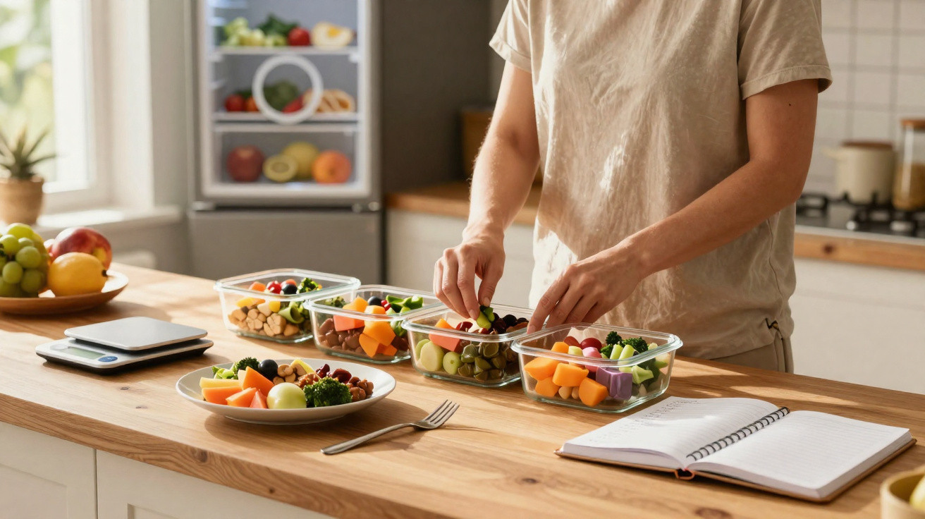 Pessoa a preparar saladas saudáveis em recipientes transparentes numa cozinha moderna com frutas e caderno.