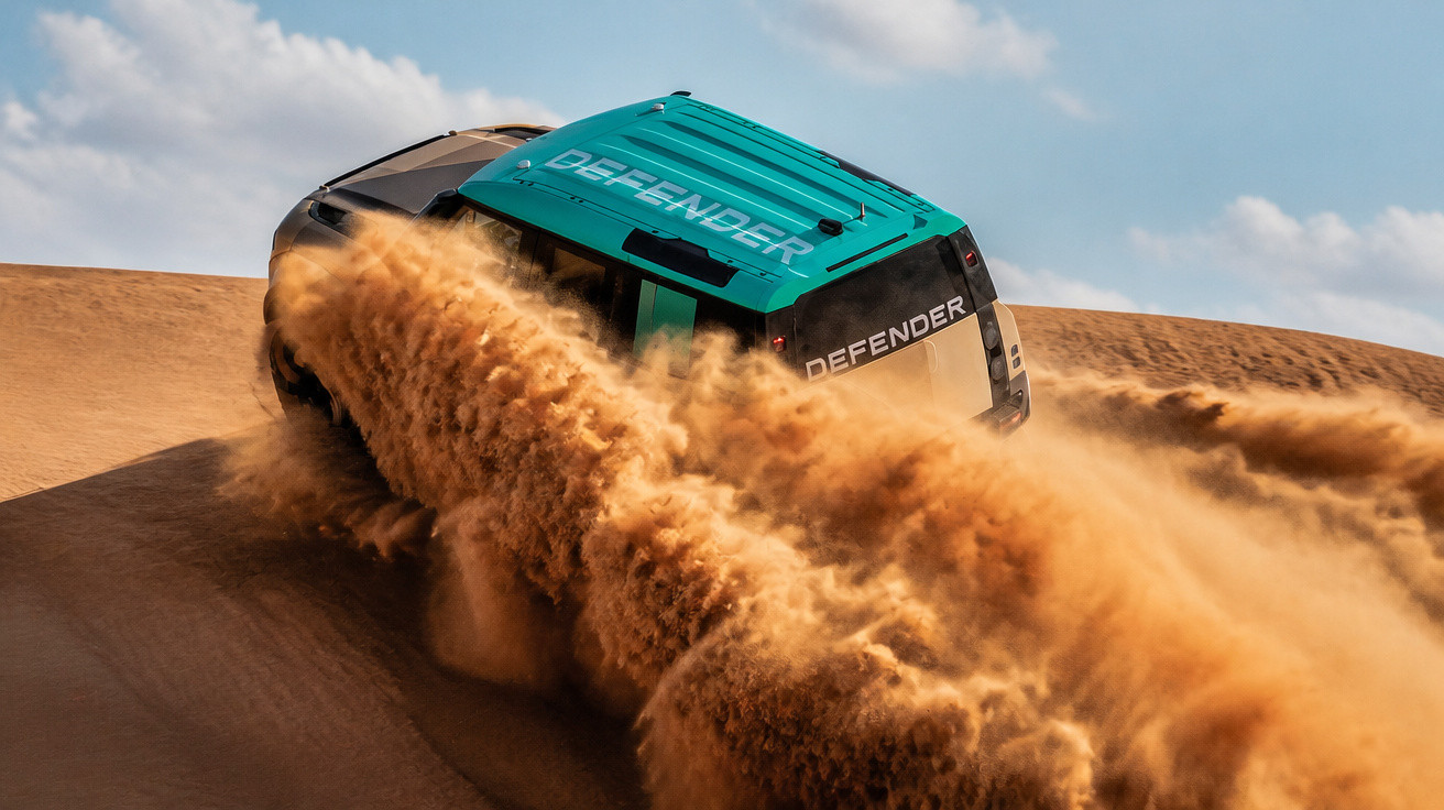 Carro 4x4 Land Rover Defender a subir duna de areia no deserto levantando grande nuvem de pó.