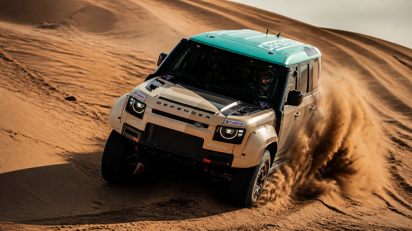 Carro todo-o-terreno Land Rover Defender a subir uma duna de areia no deserto, levantando poeira.