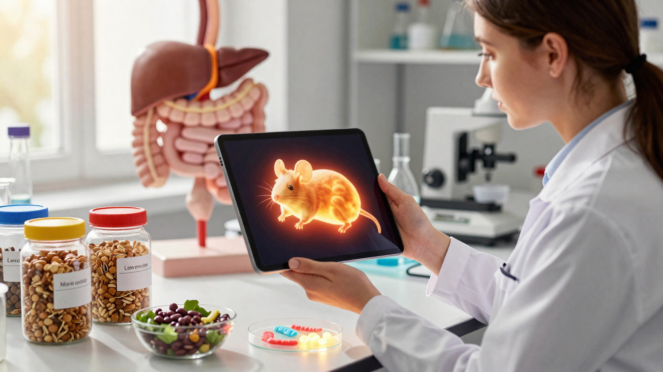 Investigadora em laboratório observa imagem digital de rato num tablet, com modelo do sistema digestivo ao fundo.