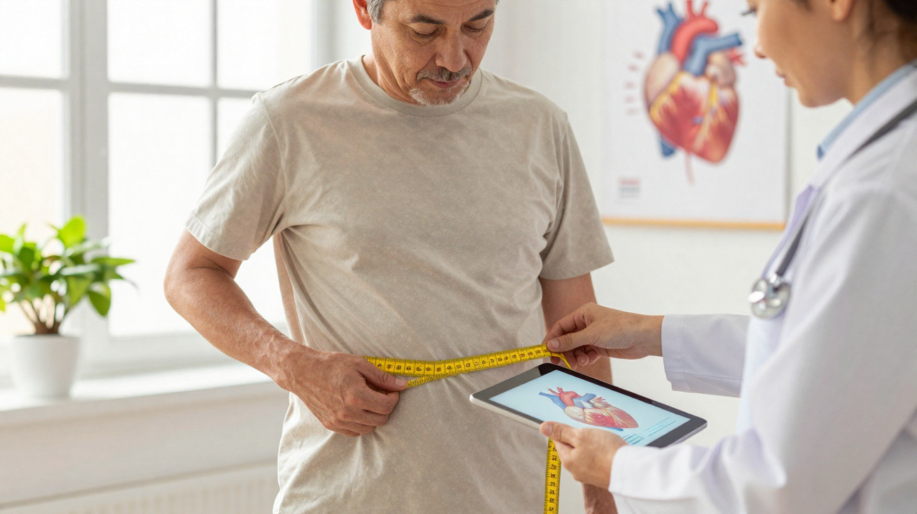 Homem a medir a cintura com fita métrica, acompanhado por médica com tablet num consultório.