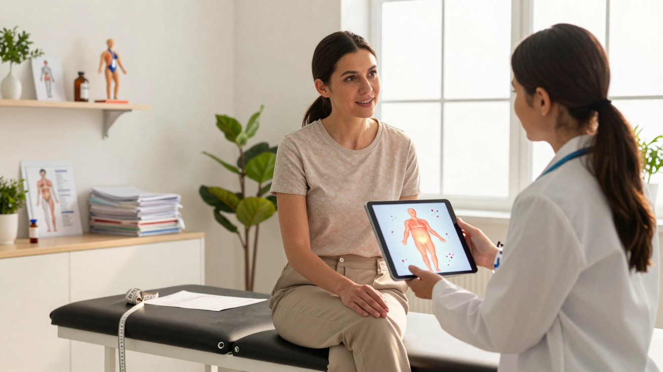 Paciente consulta médica enquanto médica mostra imagem do corpo humano numa tablet num consultório.