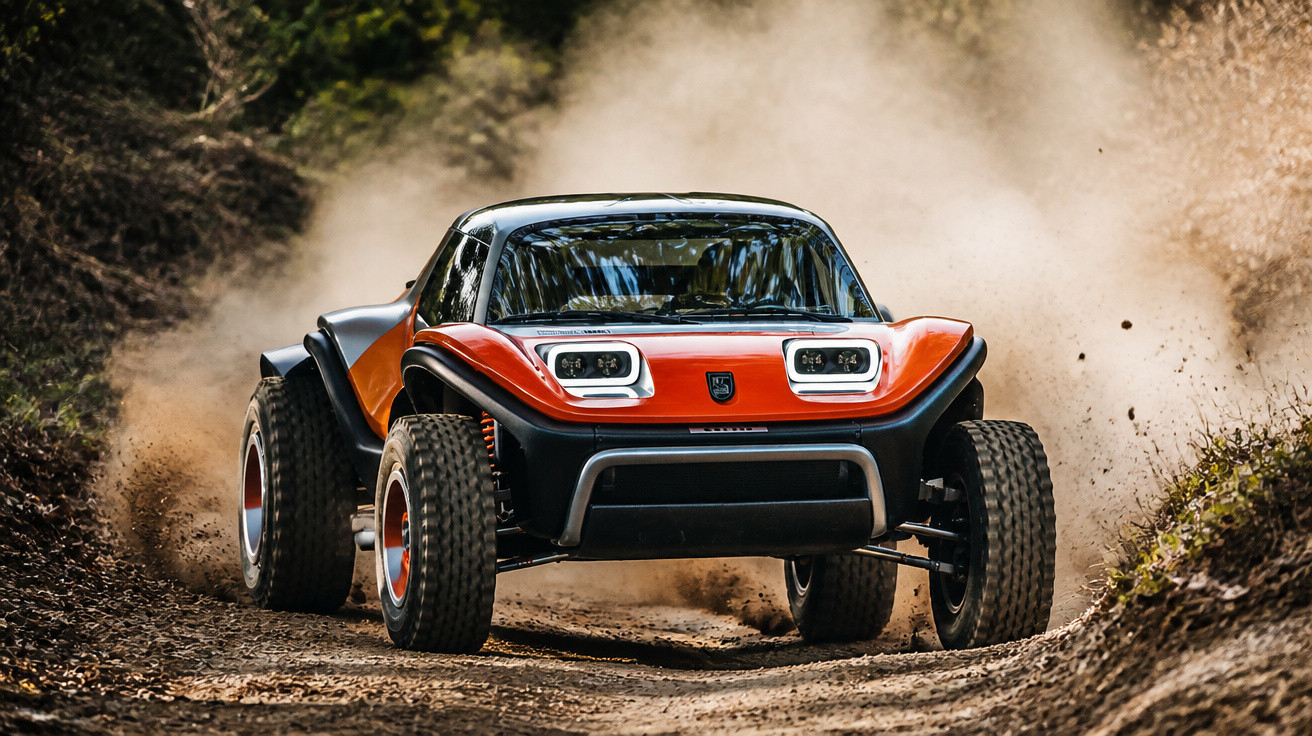 Carro off-road vermelho e preto a acelerar numa estrada de terra com pó a levantar-se à volta.