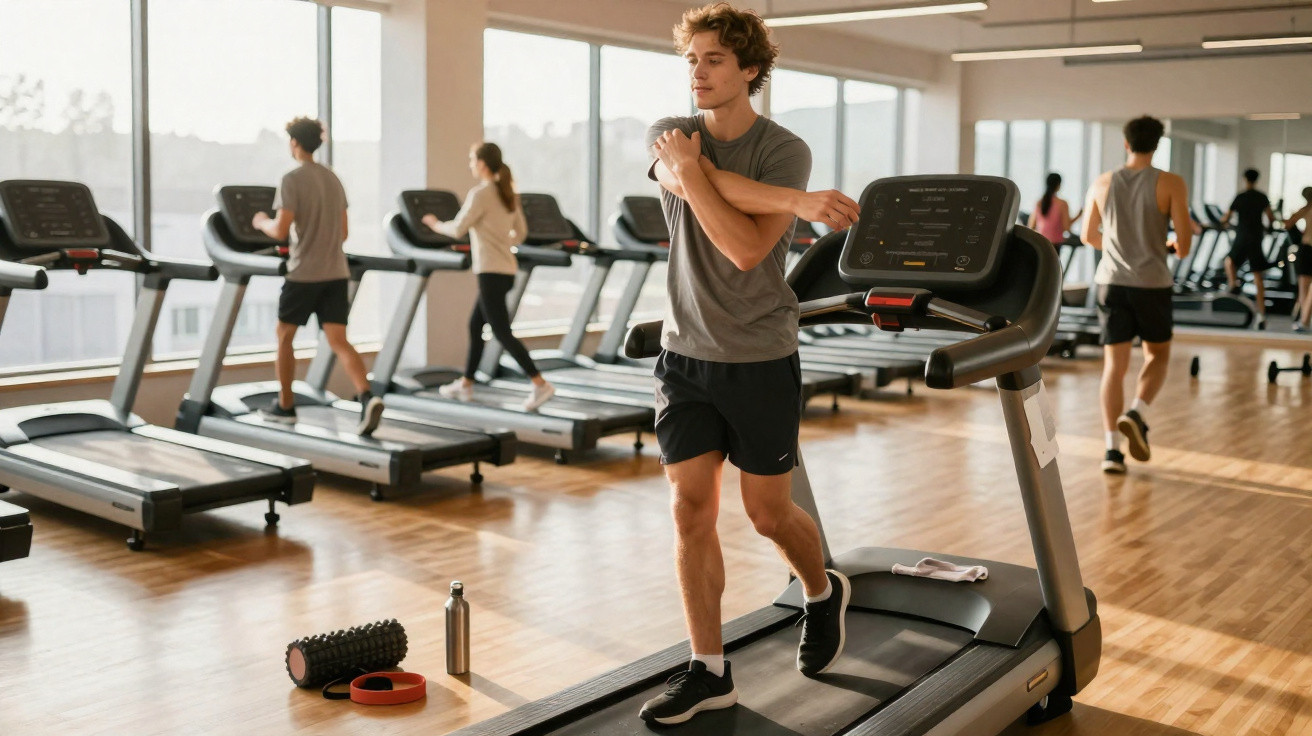 Pessoa com roupa desportiva a alongar-se numa passadeira numa ginásio iluminado com três pessoas a correr noutras passadeiras