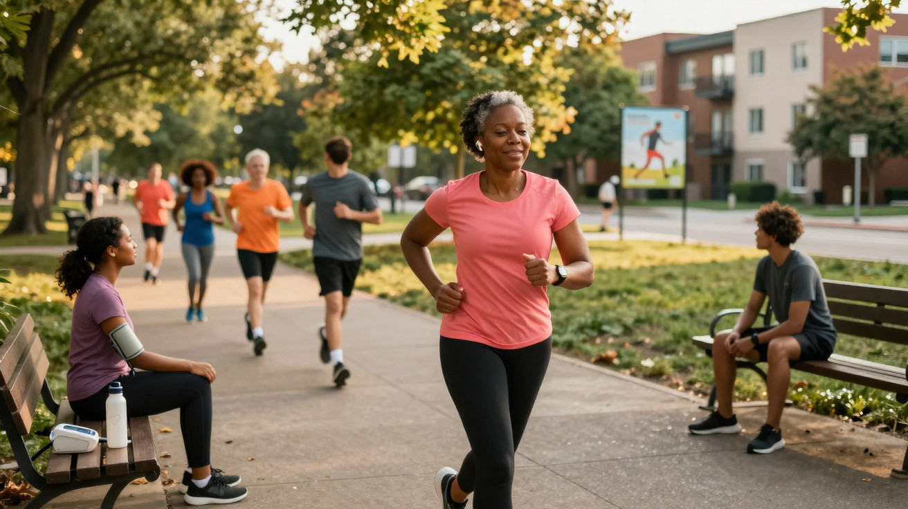 Grupo de pessoas a correr num parque urbano com bancos e árvores ao fundo.