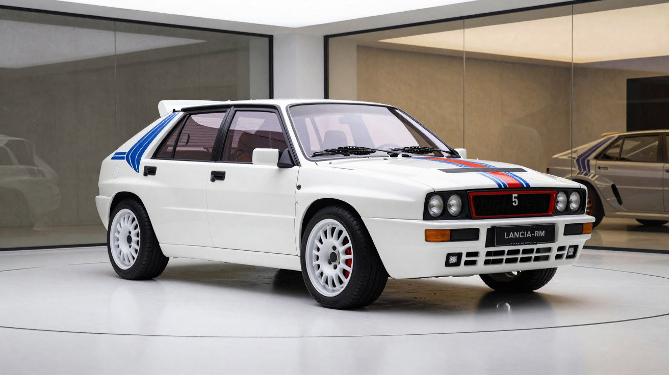 Automóvel Lancia Delta Integrale branco com detalhes azuis e vermelhos, em exposição interior moderna e minimalista.