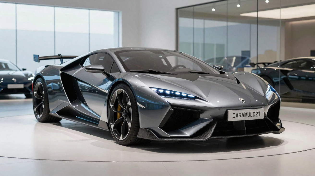 Carro desportivo cinza metálico com design aerodinâmico e luzes LED, em mostra num salão moderno.