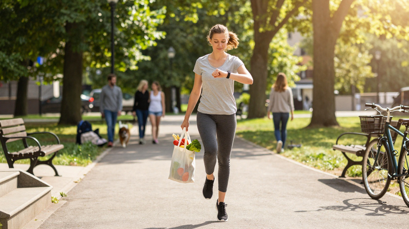 Mulher a correr num parque, a olhar para o relógio, com saco de compras na mão numa manhã ensolarada.