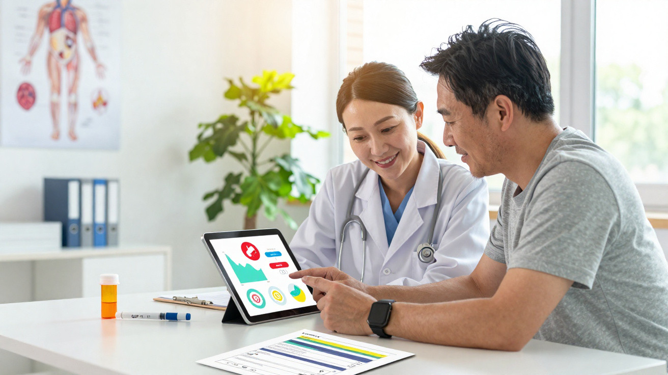 Médica a explicar dados de saúde num tablet a paciente masculino no consultório.