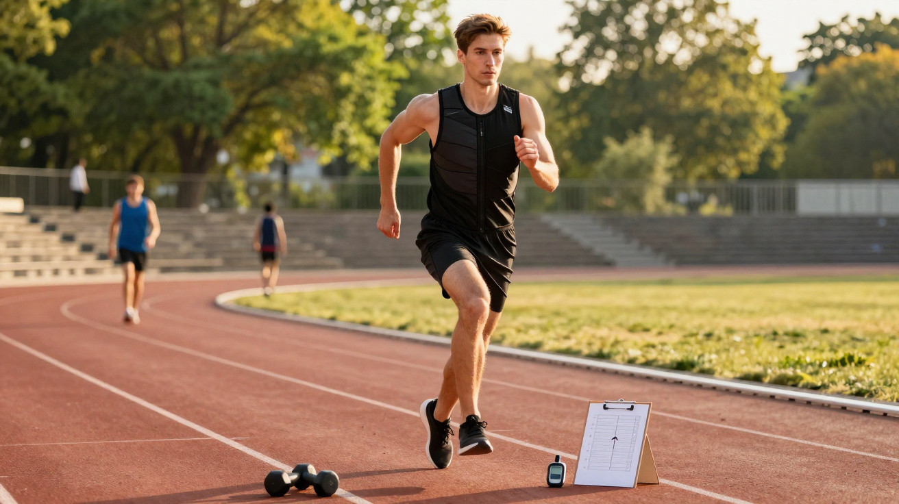 Homem jovem a correr numa pista de atletismo ao ar livre, com dois halteres e cronómetro no chão.