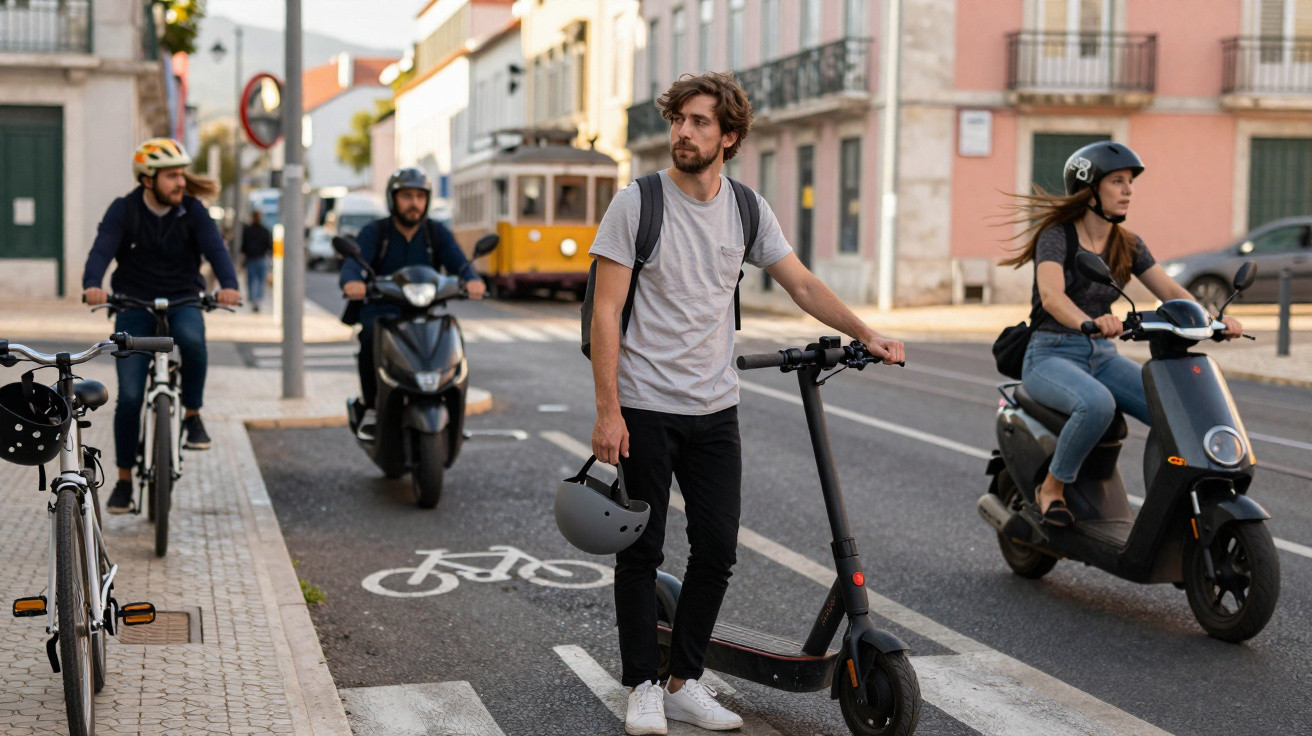 Homem com capacete na mão junto de trotinete na ciclovia com ciclistas e motas ao fundo numa rua urbana.