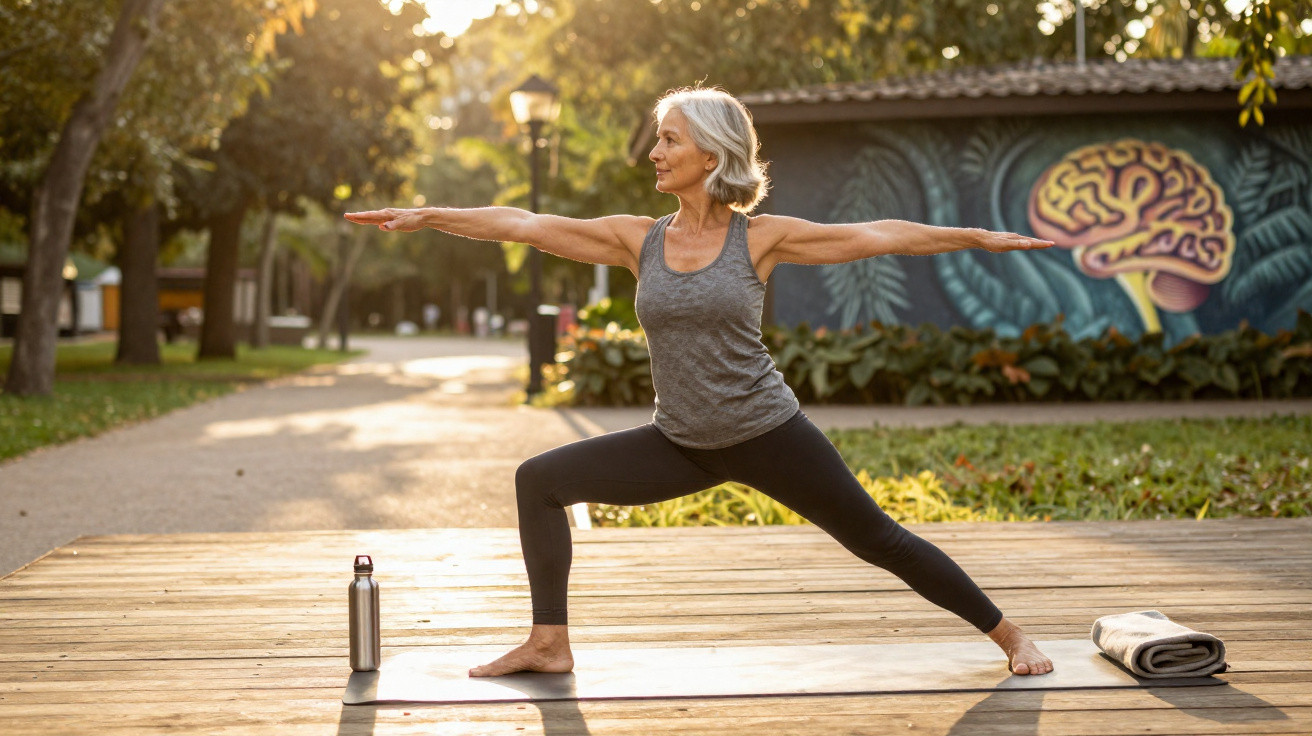 Mulher sénior a praticar yoga ao ar livre num parque ensolarado com um mural colorido ao fundo.