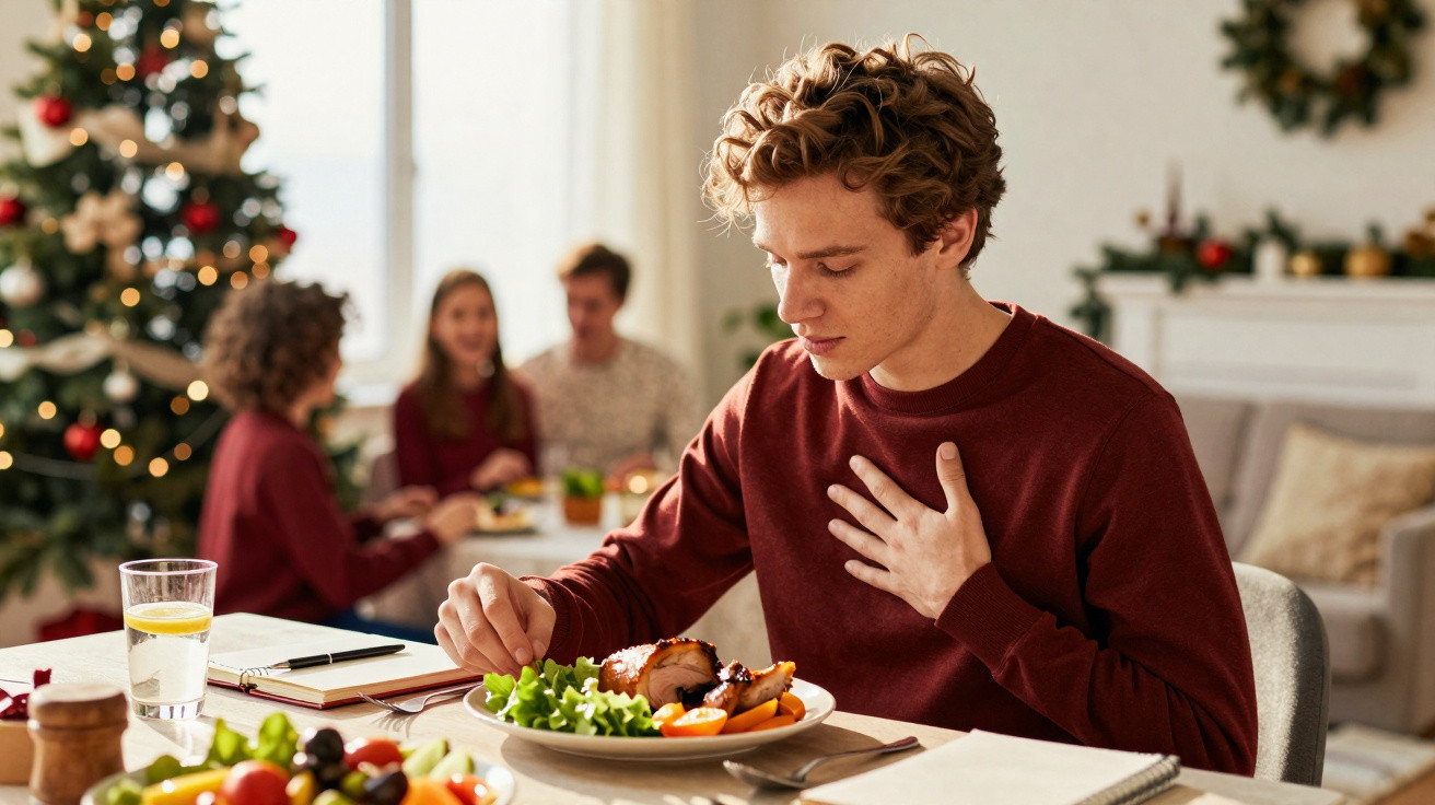 Jovem sentado à mesa de jantar, sofrendo de dor no peito durante uma refeição de Natal.