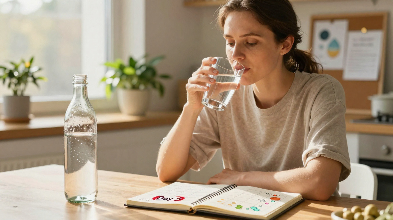 Mulher a beber água e a consultar um caderno de registo na mesa da cozinha iluminada.